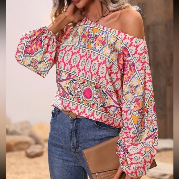Boho Floral Paisley Print Boat Neck King Sleeve Top Blouse Shirt - Picture 1 of 6